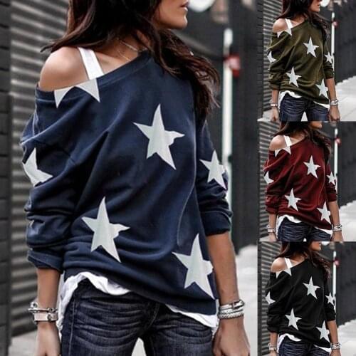 Women Casual Loose Star Print Sloping Shoulder Long Sleeve Blouse Pullover Top Femme Sexy Off The Shoulder Long Sleeve Top