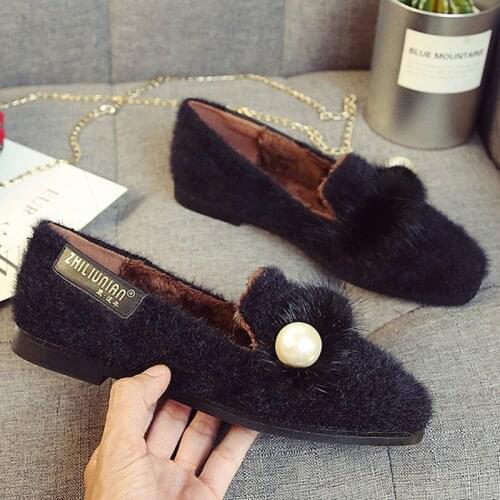Winter Shoes Woman Mink Fur Flats Casual Slip On Furry Moccasins Warm Pearl Loafers Lady Girls Square Toe Fur Flats Fluffy Shoes