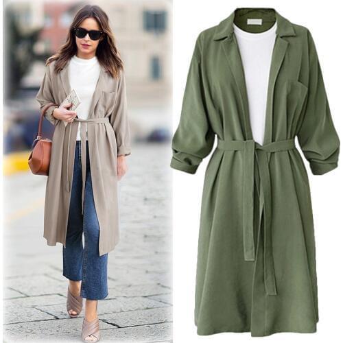 2019 Autumn Winter Womens Trench Coat Cardigan with Belt Lapel Collar Loose casual Long Windbreaker Outerwear Overcoat