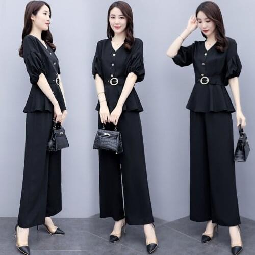 2020 Women Two Piece Outfits Summer Wide Leg Pants Korean WomenS Tracksuits 2 Piece Set Top And Pants WomenS Summer Suit A5400
