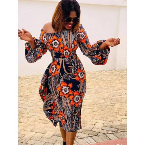 Women Print Bodycon Dress Long Lantern Sleeve Off Shoulder Ruffles Retro Elegant Office Lady Classy Slim Vestido African Vintage