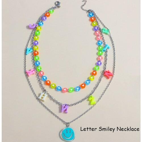 2000s Aesthetic 3pcs Rainbow Beads Letter Smiley Necklace for Women Y2K Jewelry Cute Fashion Necklace Egirl Style Friends Gift