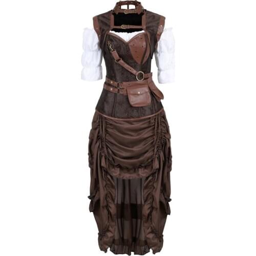 Women Steampunk Corset Dress Pirate Shirt Gothic Corset Lingerie Top With Burlesque Irregular Skirt Set Halloween Costume S-6XL