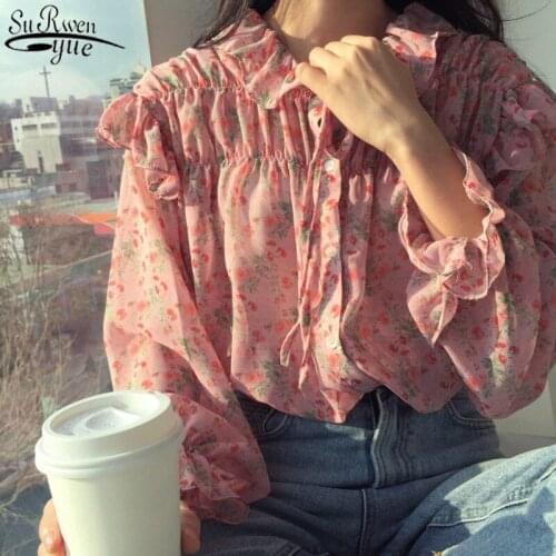 2021 Autumn New Long Sleeve Womans Blouses Printed Wild Chiffon Blouse Korean Clothes Vintage Ruffled Pink Shirts Woman 10336