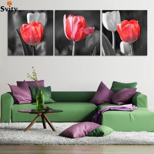 3 Panel Hot Sell Modern Wall Painting Home Decorative Art Picture Print on Canvas Prints Red and gray tulip flowers, no frame