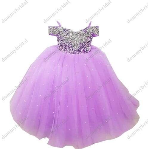 2021 Cute Lavender Ball Gown Long Cheap Little Girls Pageant Prom Formal Dresses for Kids Teens Crystals Toddler Infant Tulle