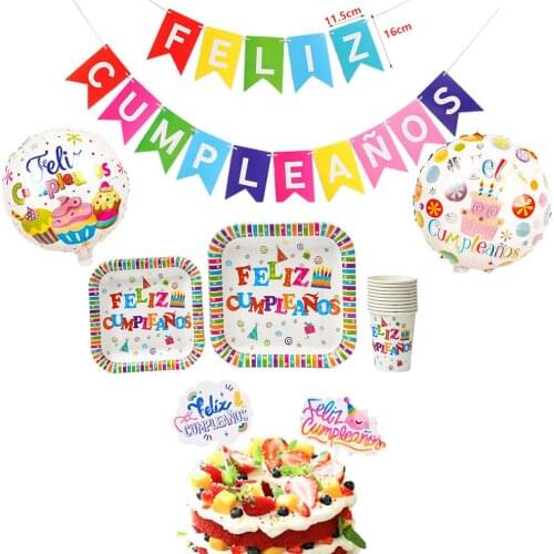 Feliz Cumpleaños Spanish Square Plate Party Party Disposable Tableware Cute Paper Cup Paper Plate Birthday Party Supplies