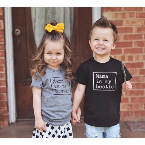 Mama Is My Bestie Print Kids Tshirt Fashion Todler Boys Girls T-shirt Short Sleeved Children Casual Letters Tees Shirts Outfit