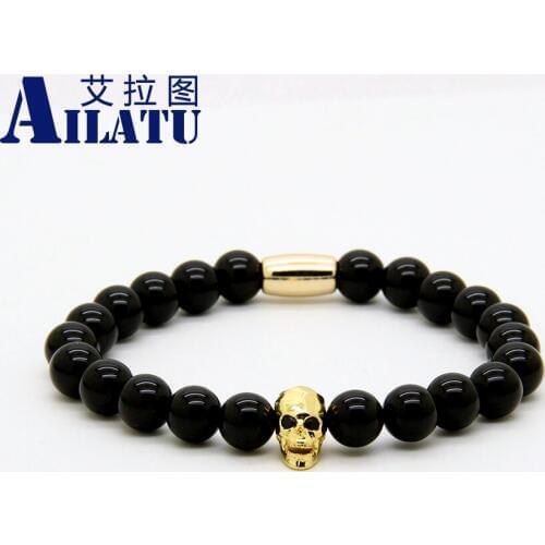 Ailatu Fashion Jewelry Wholesale 8mm A Grade Black Onyx Stone Beads with Micro Pave Black Cz Faceted Skull Tube Bracelets