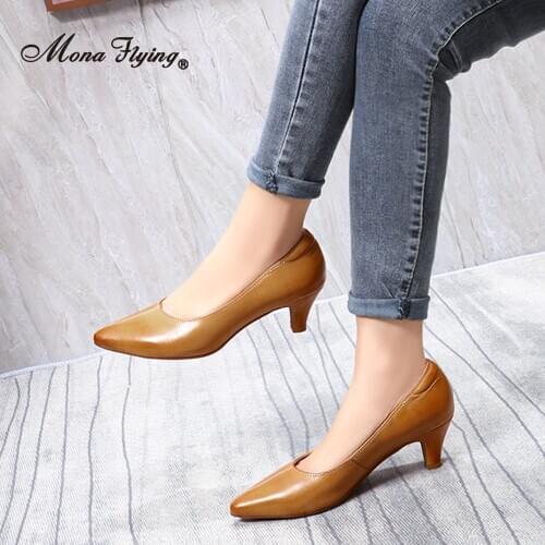 Mona Flying Women Shoes Leather Elegant Dress OL Wedding Pumps Pointed Toe Ins Fashion High Heels for Ladies 2020 New 2588-18