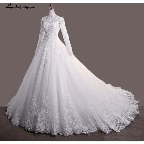 Beaded Appliques Long Sleeves Muslim Wedding Dresses 2021 with hijab High Neck Tulle Zipper Back Lace Islamic Wedding Gowns