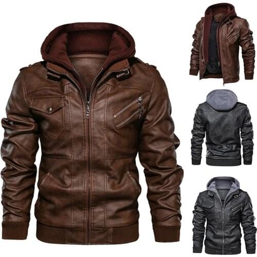 Pop Mens Outwear Bomber Vintage Autumn Black PU Leather Casual Jacket Slim Fit Motorcycle Biker Coats Removable Hood