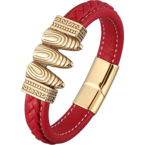 Cool Punk Jewelry Bullet Shape Gold Stainless Steel Magnet Clasp Red Leather Wrist Bracelet Men Fashion Bangles Male Gift SP0908