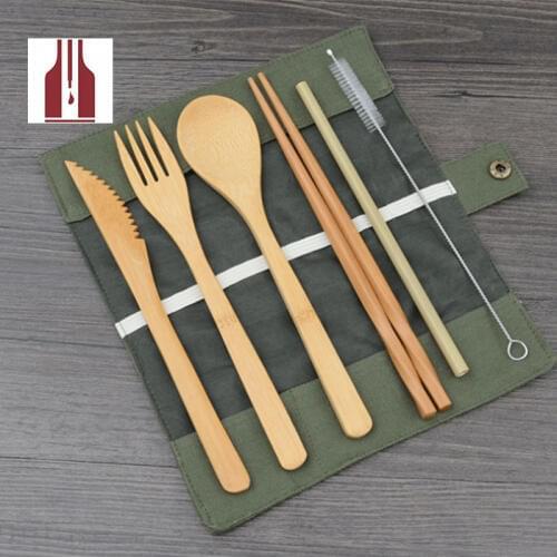 7pcs per set Japanese Wooden Cutlery Set Bamboo Straw Dinnerware Set With Cloth Bag Utensil Soup