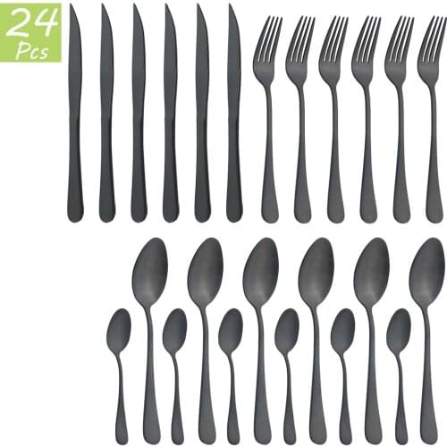 6 People Matte Black Cutlery Set Stainless Steel Dinnerware Steak Knives Forks Spoon Dinner Flatware Party Kitchen Tableware Set