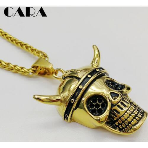2019 New Gold color skeleton skull head pendant necklace mens 316L stainless steel skull horn helmet necklace fashion CARA0365