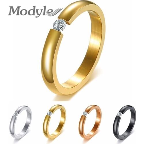 Modyle 2020 New High Polished 3mm Gold Color Stainless Steel CZ Stone Wedding Rings For Women Fashion Jewelry
