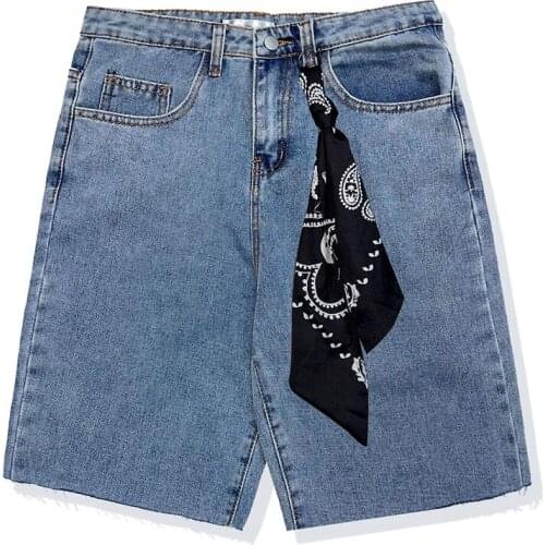 Europe Hip Hop Straight Short Jeans Men Black Blue Denim Shorts With Silk Scarf Fashion Street Knee Length Trousers Pants