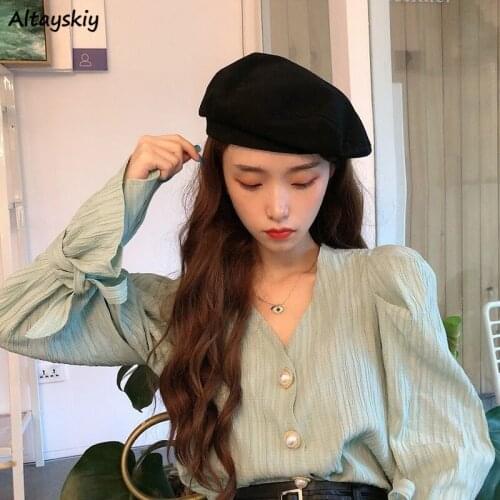 Shirts Women Flare Sleeve Button Solid French Style Retro Casual Spring Holiday Popular Ladies Design Elegant Trendy Newest Ins