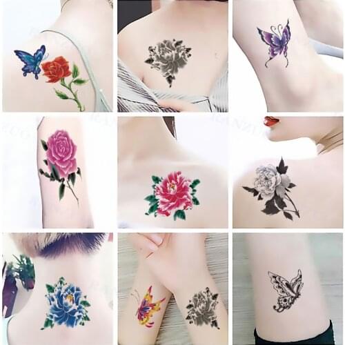 Trendy Temporary Tattoo Sticker Red Rose Purple Rose Butterfly Tattoo Hip Arm Back Waist Leg Neck Body Art Tattoo Sticker