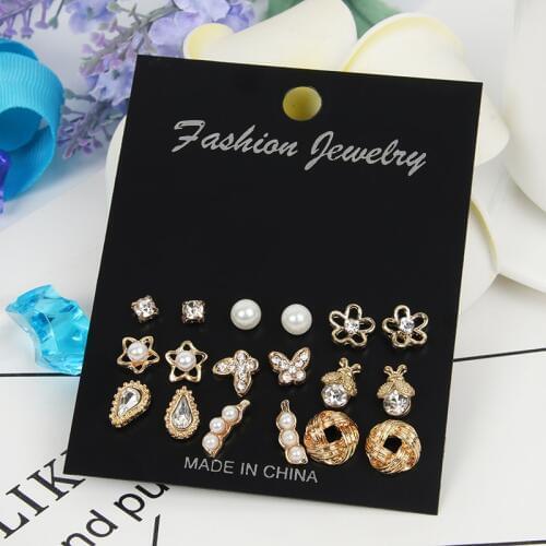 9 pairs Flower pearl Stud Earring set for Women gold color bug crystal butterfly Jewelry Earrings female brincos pendientes