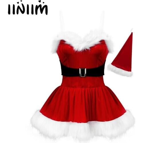 Iiniim Womens Ladies Christmas Fancy Ball Costume Party Dress Transparent Shoulder Strap Faux Fur Trim Dress with Belt Hat