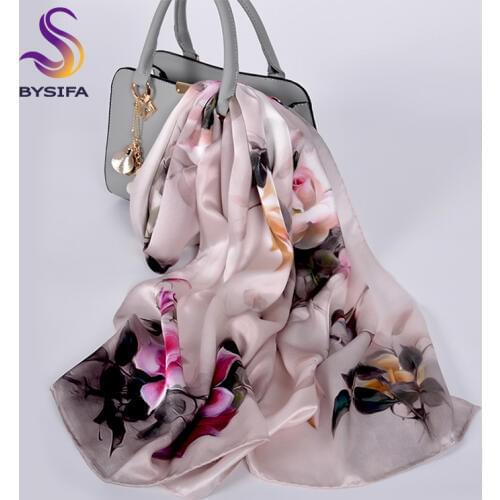 [BYSIFA] Chinese Style Roses Women Silk Scarf Shawl New Accessories 100% Silk Long Scarves Winter Warm Grey Pink Neck Scarves
