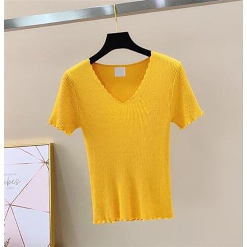 Women Spring Summer Style Knitted Sweater Pullovers Lady Casual Striped Printed V-Neck Short Sleeve Pullovers Tops ZZ0003