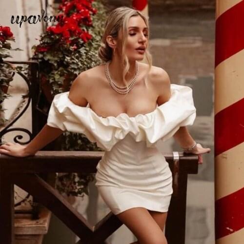 Elegant Satin Bodycon Dress Womens Sexy Card shoulder Stacked Lotus Leaf Sleeve Mini Club Dress Sexy Nightclub Dress Vestidos