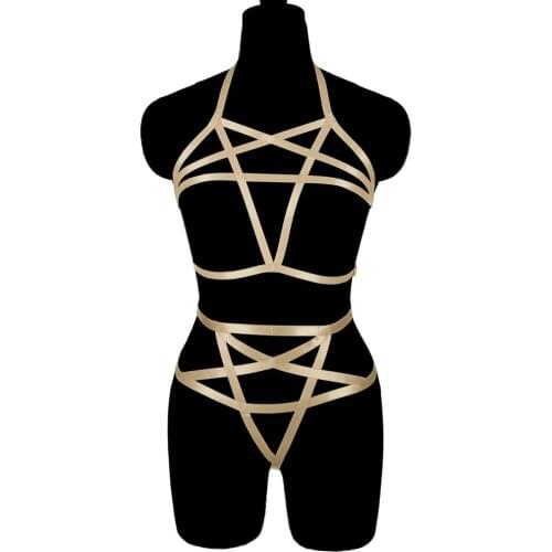 Punk Pentagram Women Harness Garter Sets Goth Sexy Full Body Bondage Strap Chest Restraint Suspenders Thong Erotic Costumes