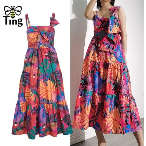 Tingfly Casual Print Floral Sling Dress For Women Square Collar Sleeveless High Waist Midi Dresses Female 2021 Summer Style Traf