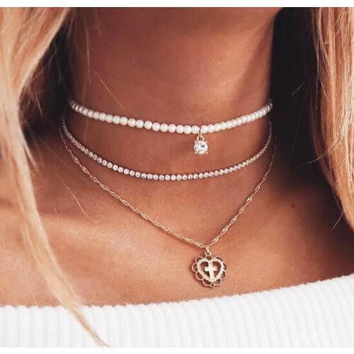 Vintage Delicate Multilayer Simulated Pearl Rhinestone Choker Necklace Women Heart Cross Pendant Necklace Jewelry Kolye YN166