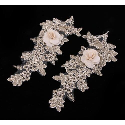 1 Pair 3D Embroidery Gold Lace Flower Applique Patch Sewing Craft Decoration