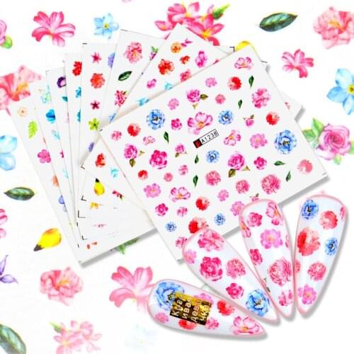 WUF 1 PCS Pink Flower Nail Decals Water Leaf Sliders Paper Nail Art Decor Gel Polish Sticker Manicure Foils