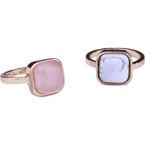 1cm Square Rose Pink Quartz Stone Rings Fashion Inner Dia 1.7cm Gold Color Ring Jewelry for Women