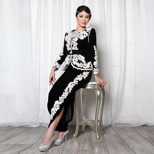 Arabic Evening Dress V-Neck Appliques Bkack and White Morocco Kaftan karakou Mermaid Velvet Custom Made Prom Party Gown