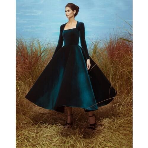 Teal Velvet Long Sleeve Prom Dresses Ankle Length Boat Neckline Formal Evening Dress Robe De Soiree