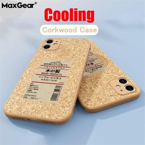 Ultra Thin Cooling Cork Wood Case For iPhone 13 12 11 Pro Max XR X XS 7 8 Plus SE2 Mini INS Label Soft Silicone Back Cover Funda
