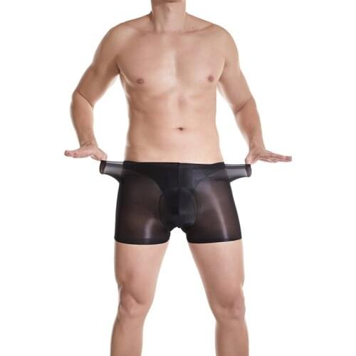 Sexy Men Silk stockings Briefs Glossy Sheer Elastic Boxer Brief Cock Pouch Oil Shiny Nylon Bling Panties Sissy Fetish Lingerie