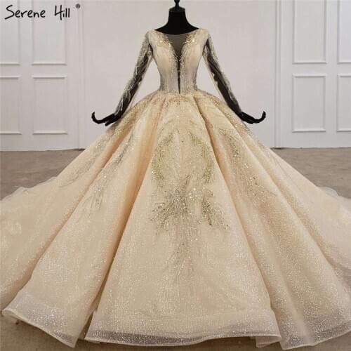 Champagne Long Sleeves High-end Luxury Wedding Dresses 2020 O-Neck Sequins Beading Bridal Gown HX0099 Custom Made