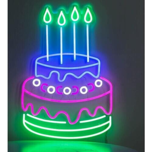 Flex Neon Strip Sign Colorful BIRTHDAY CAKE Neon Light Dessert Birthday Party Backgrounds Neon Light Artful Bday Gift Neon Art