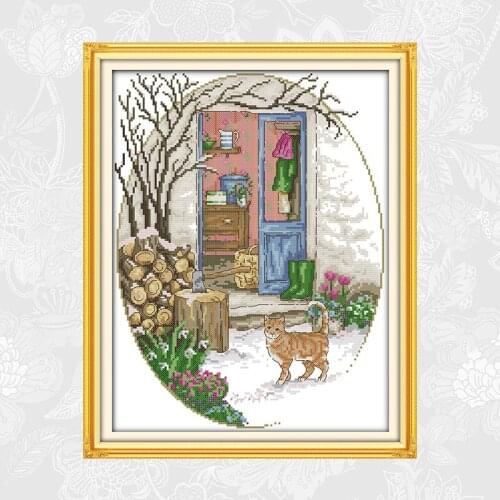 Cat in Front of The Door Cross Stitch Pattern Counted Printed Canvas DMC 11CT 14CT Cross Stitch Kits Embroidery Needlework Sets