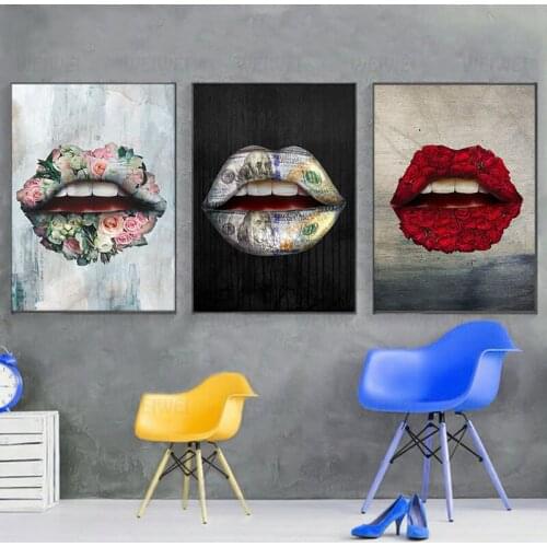 3 Panels Womans Lips Canvas Painting Wall Art Sexy Red Lips Pink Rose And Money Modern Wall Pictures For Living Room Decoration