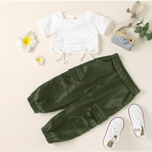 2Pcs Toddlers Summer Tracksuits, Solid Color Square Neck Short Sleeves Crop Tops + Cargo Pants Suit for Girls, 1-5 Years