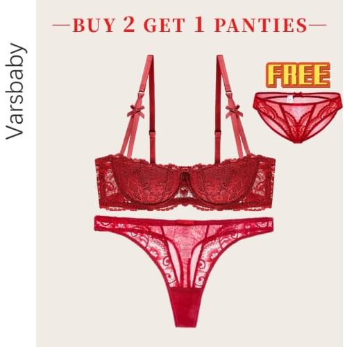 Sexy shell half cup underwire gather push up bra ladies embroidered lace underwear bra + thong panties 2 piece set