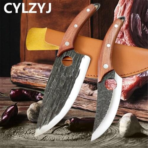 Slaughter boning kitchen knife solid wood handle scimitar skinning pigs butcher Finger protection cutlery knife fish meat knife