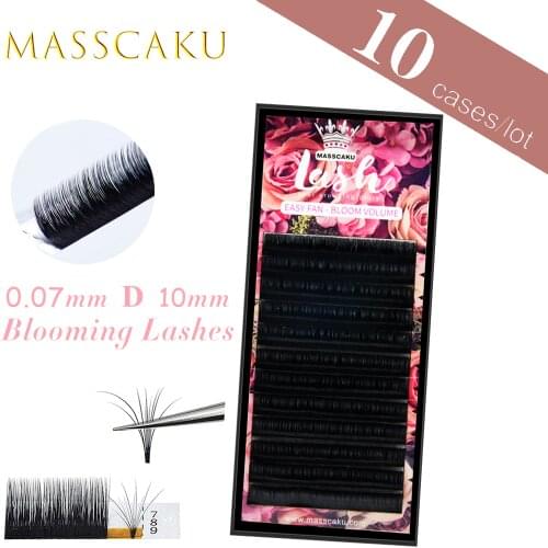 MASSCAKU 10Cases/Lot 0.05 0.07 0.10mm Auto fans Eyelash Extension Easy Fan Bloom Fake Faux Mink Blossom Russian Volume Lash Fans