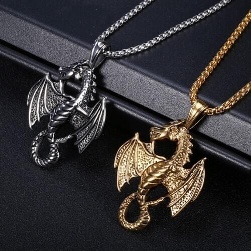 Mens Punk Flame Dragon Titanium Stainless Steel Chain Pendant Necklace