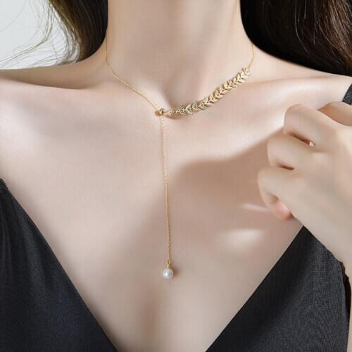 2020 s925 Sterling Silver Pearl Wheat Ear Necklace Ladies Simple Clavicle Necklace Aesthetic Chain On The Neck for Girlfriend Gi