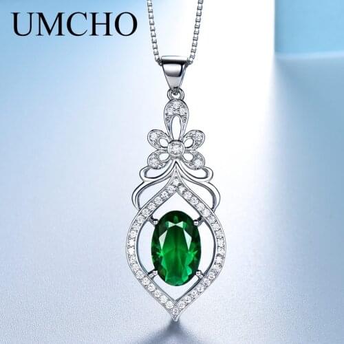 UMCHO Real 925 Sterling Silver Necklace Created Oval Emerald Gemstone Classic Necklaces & Pendants For Women Gift With Chain